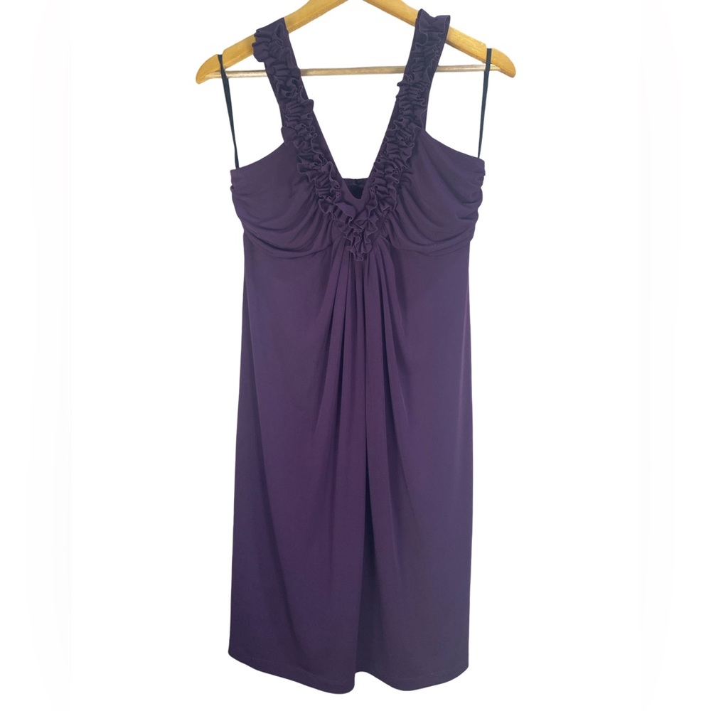 In Focus Studio Plum Purple Ruffle V-Neck‎ Midi Dress Size 12 Stretch Sleeveless